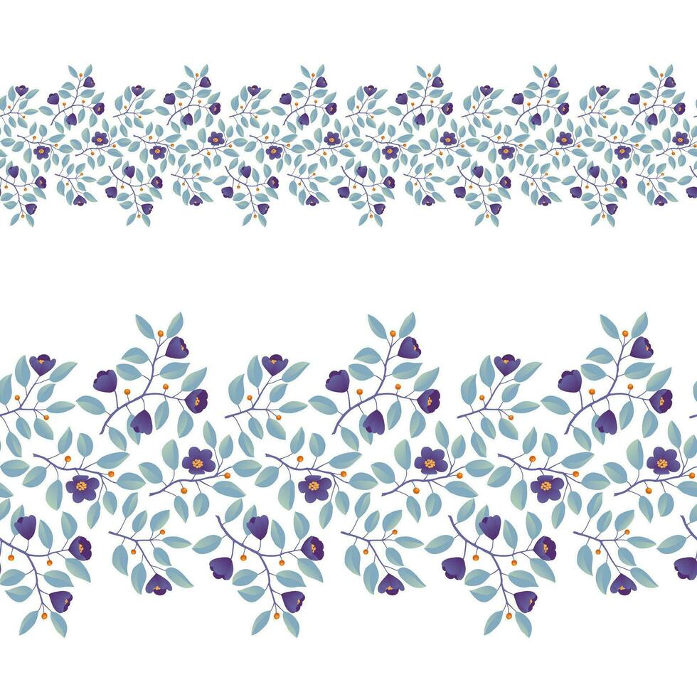 bloemen grens, takken met taling bladeren en Purper bloemen Aan wit. vector illustratie, ontwerp voor poster, banier, uitnodiging, boek, mode kleding stof, inpakken.