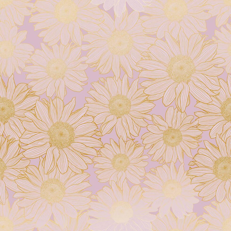 bloemen vector naadloos patroon van kamille bloemen in licht lila pastel kleuren met gouden schets. luxueus kunst deco behang ontwerp voor afdrukken, poster, omslag, banier, kleding stof, uitnodiging.