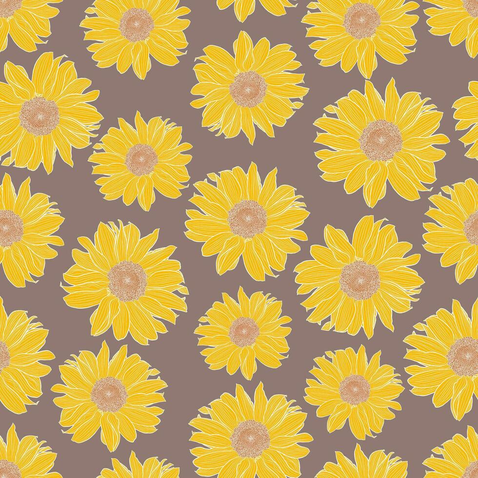 vector naadloos patroon van geel zonnebloemen met wit schets Aan taupe achtergrond. decoratief afdrukken voor behang, inpakken, textiel, mode kleding stof of andere afdrukbare dekt.