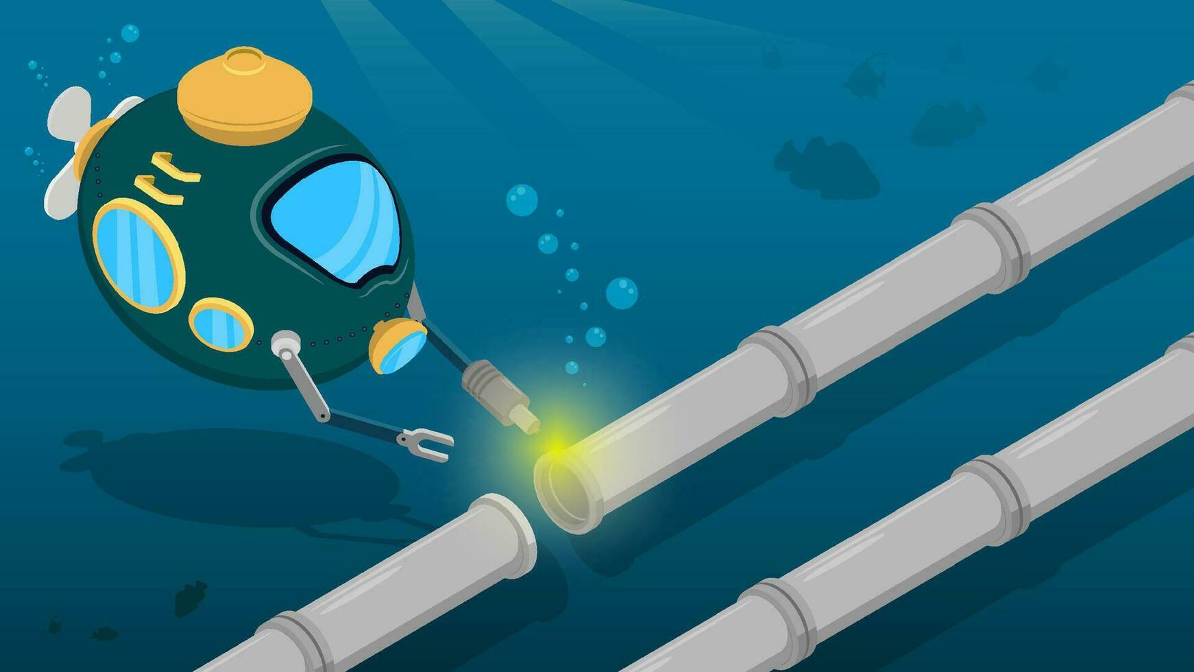 diep zee robot bathyscaaf reparaties pijpleiding. complex bouwkunde werk onderwater. olie pijpleiding leggen. tekenfilm vector