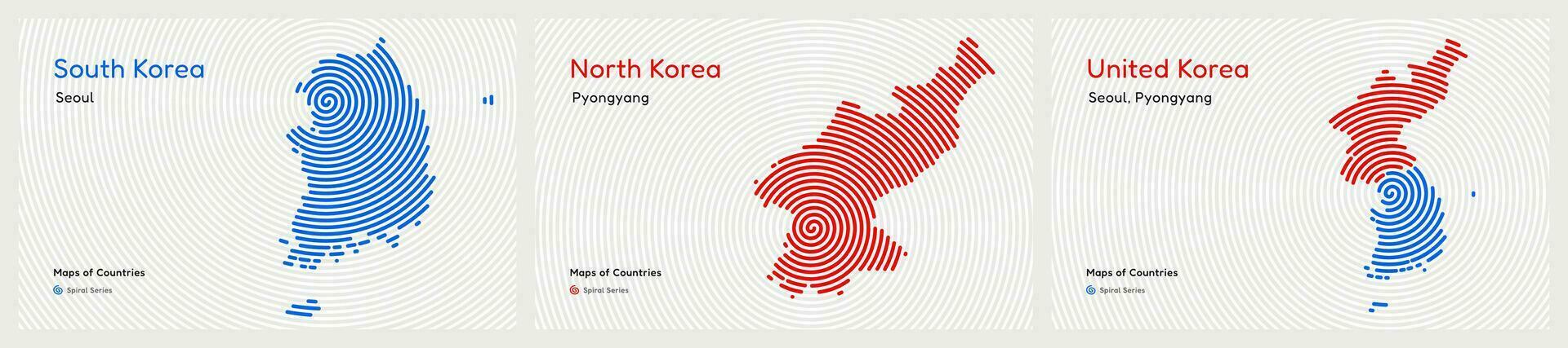 creatief kaarten van zuiden en noorden Korea. politiek kaart. seoel, Pyongyang. Verenigde Korea set. wereld landen vector kaarten. spiraal vingerafdruk serie