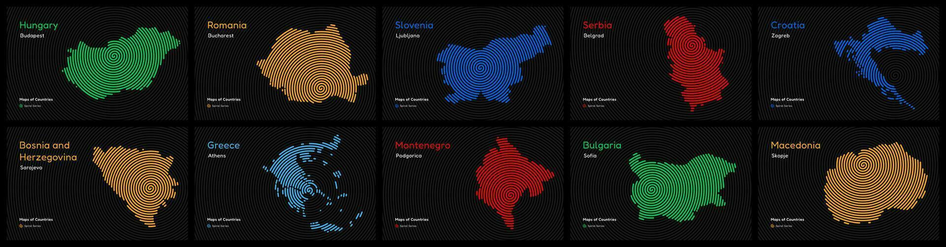 Balkan landen set. servië, Montenegro, Kroatië, albanië, Bosnië en herzegovina, bulgarije, Macedonië, Roemenië, Slovenië. spiraal vingerafdruk kaarten serie vector