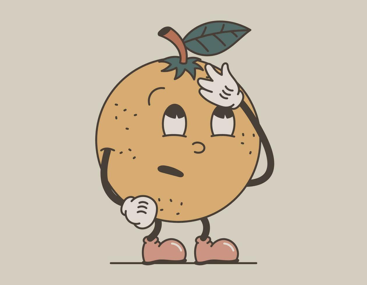 grappig retro groovy fruit karakter. vector geïsoleerd oranje rollend zijn ogen en aan het doen een gezichtspalm, oud tekenfilm stijl.