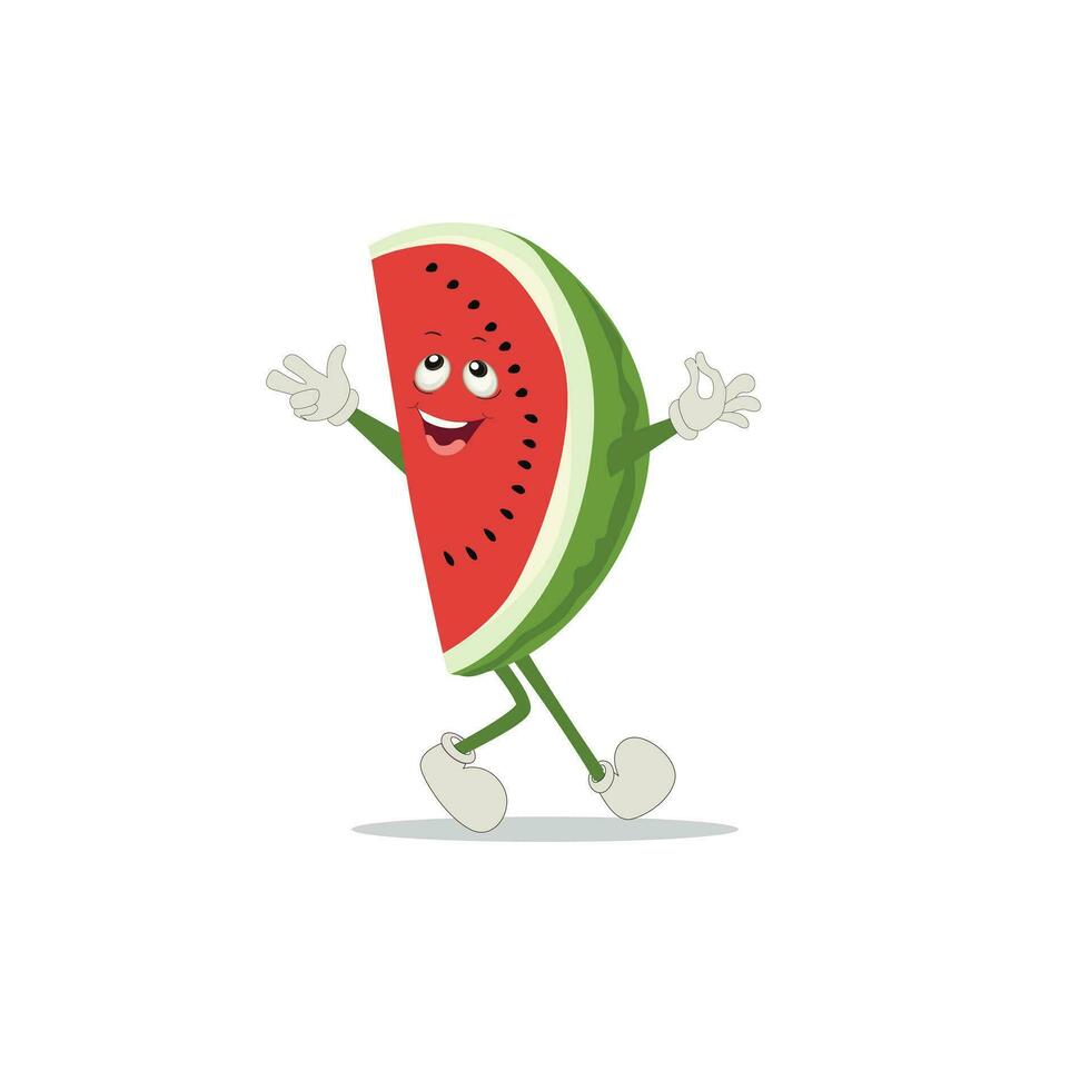 watermeloen plak karakter met grappig gezicht. gelukkig schattig tekenfilm watermeloen emoji set. gezond vegetarisch voedsel karakter vector illustratie