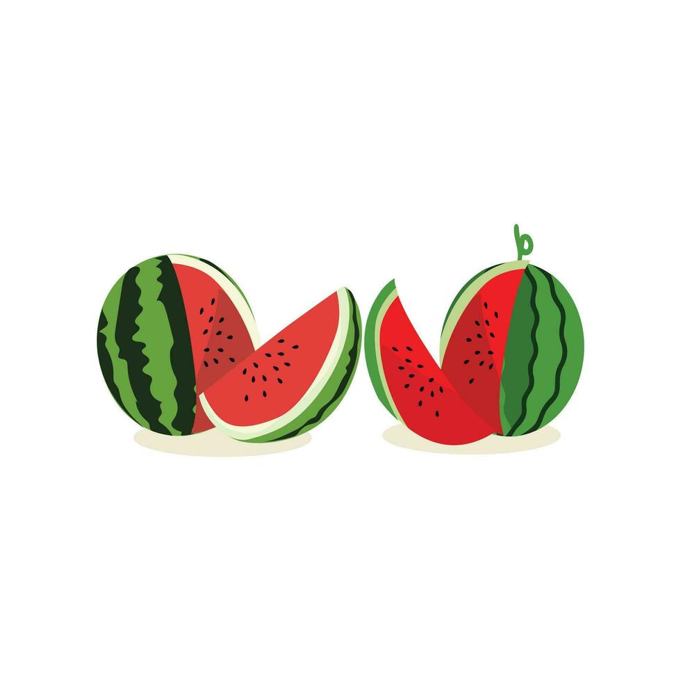 tekenfilm vers groen Open watermeloen voor de helft, plakjes en driehoeken. rood watermeloen stuk met beet. gesneden cocktail water meloen fruit vector set. illustratie van watermeloen versheid natuur