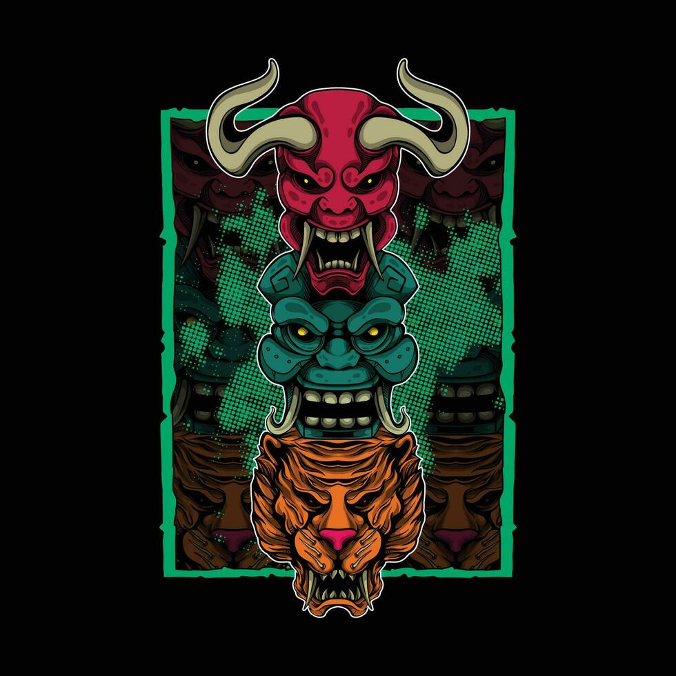 oni, demon stam en tijger gezicht artwork illustratie vector