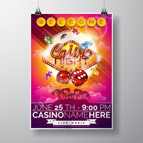 Vector partij flyer ontwerp op een casino thema met chips en dobbelstenen