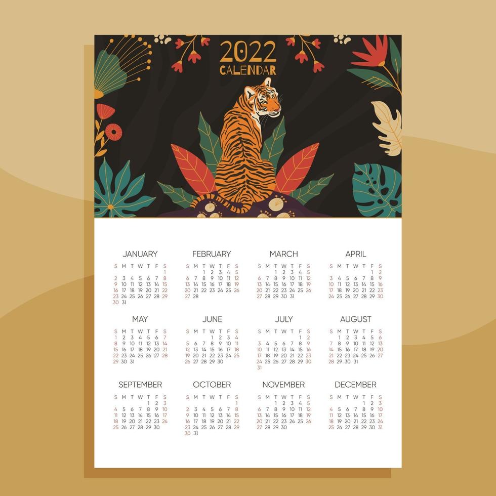 Afdrukbare kalender voor 2022 met illustraties van tijger en gebladerte vector