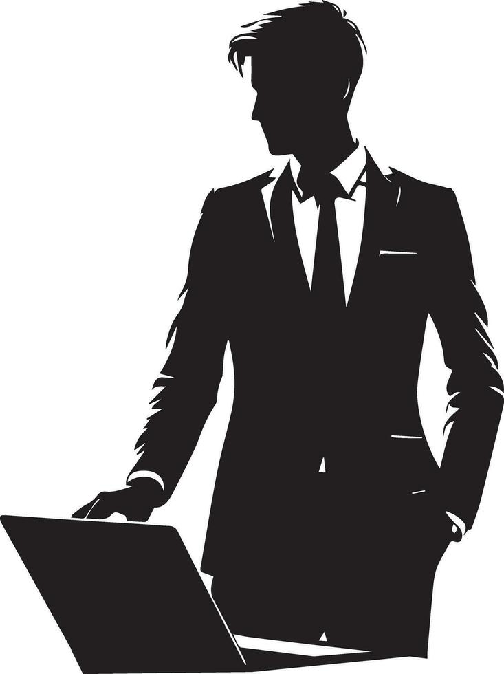 een bedrijf Mens staan met laptop vector silhouet