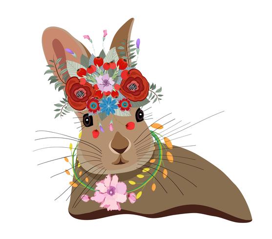 Spring Time Fantasy. bloemen soul.Cute kaart met mooie konijn. Konijn in een krans van bloemen vector