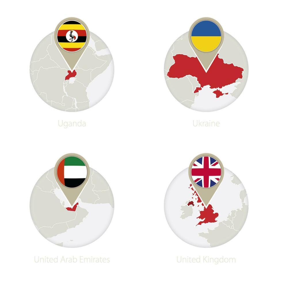 Oeganda, Oekraïne, Verenigde Arabisch emiraten, Verenigde koninkrijk kaart en vlag in cirkel. vector