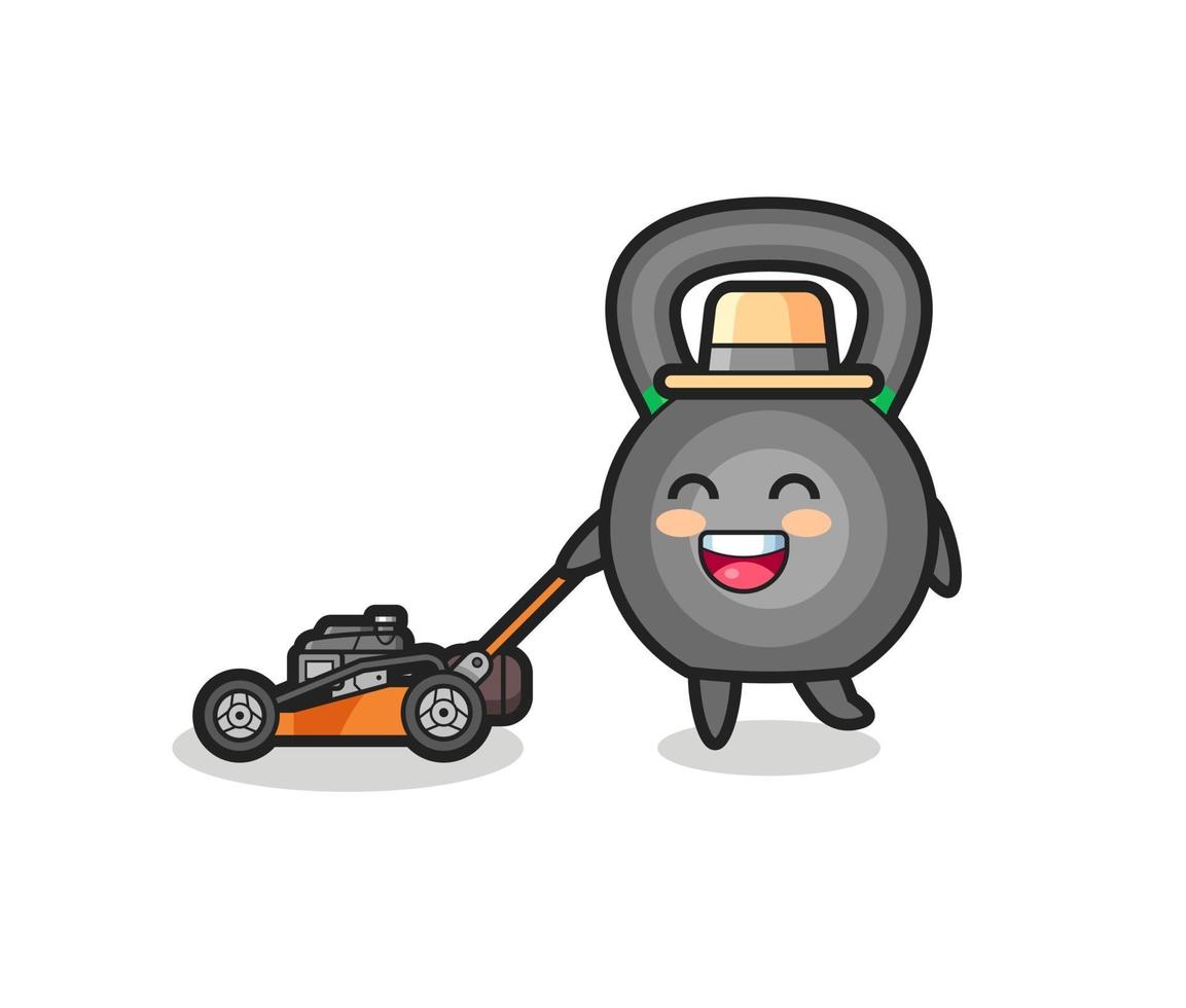 illustratie van het kettleball-personage met grasmaaier vector