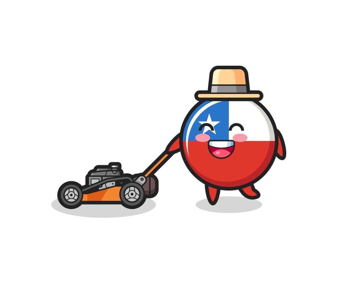 illustratie van het karakter van de vlag van Chili met grasmaaier vector