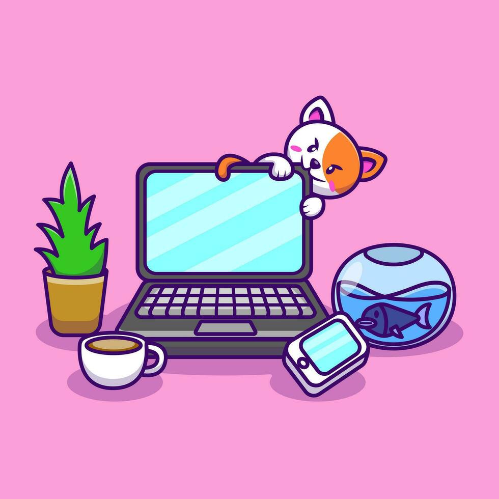 schattig kat zittend Aan laptop met koffie en fabriek tekenfilm vector illustratie. vlak tekenfilm concept.