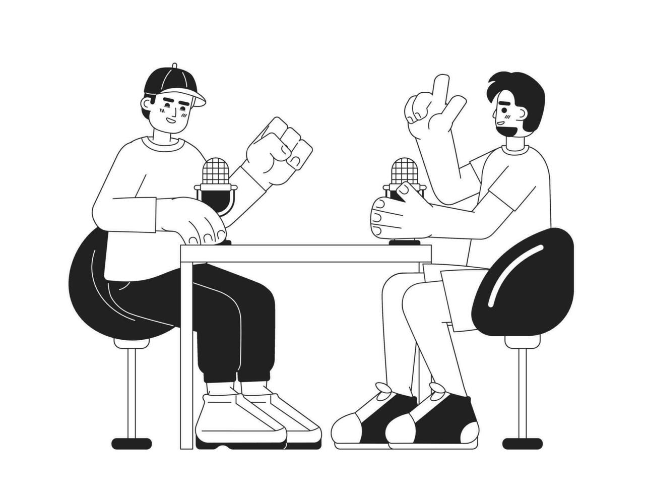 het beste vrienden mannen podcasters zwart en wit 2d tekenfilm karakters. jong volwassen jongens opgewonden pratend geïsoleerd vector schets mensen. communiceren dialoog over- microfoons monochromatisch vlak plek illustratie