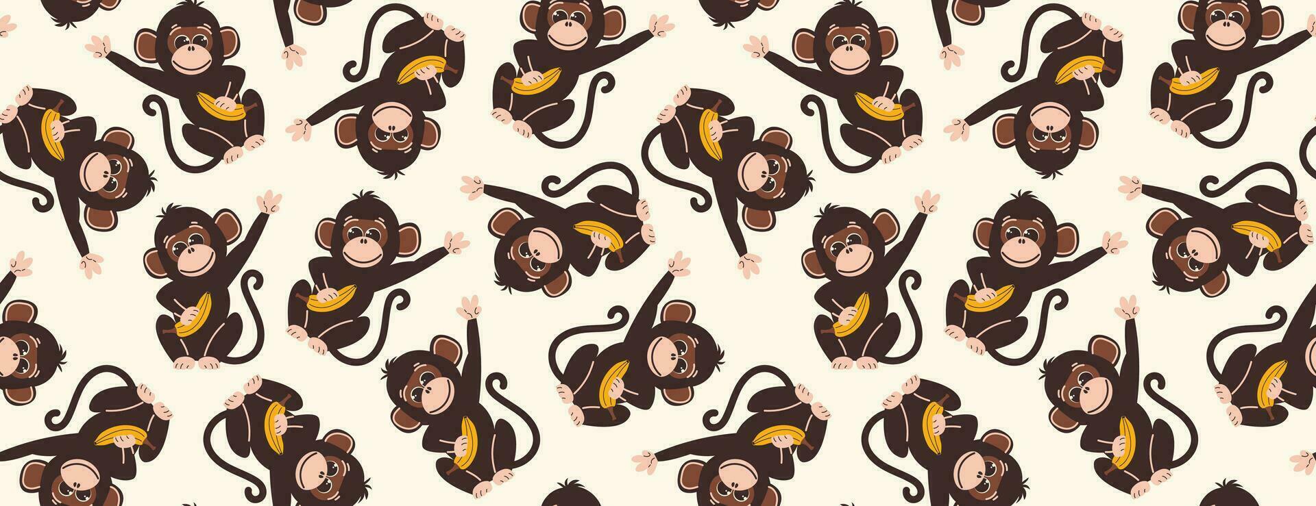 naadloos patroon met apen in vlak stijl. vector achtergrond met schattig aap tekens met banaan in hand. abstract spiegel achtergrond.