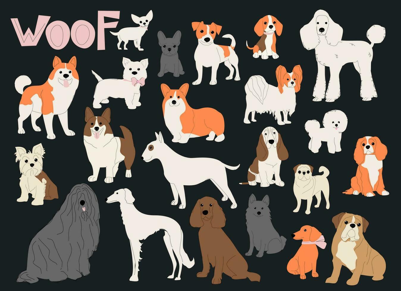 honden van verschillend rassen geïsoleerd Aan donker achtergrond set. huisdieren vector illustratie.