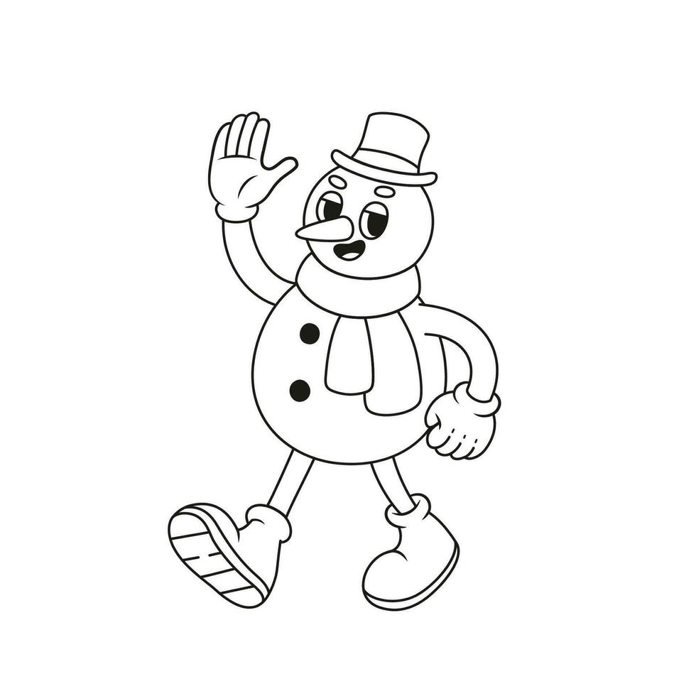grappig retro sneeuwman karakter. vector illustratie in lijn stijl.