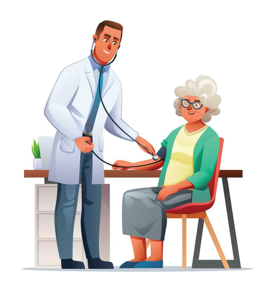 dokter meten bloed druk naar ouderen vrouw geduldig in kliniek. gezondheidszorg medisch examen concept. vector tekenfilm karakter illustratie