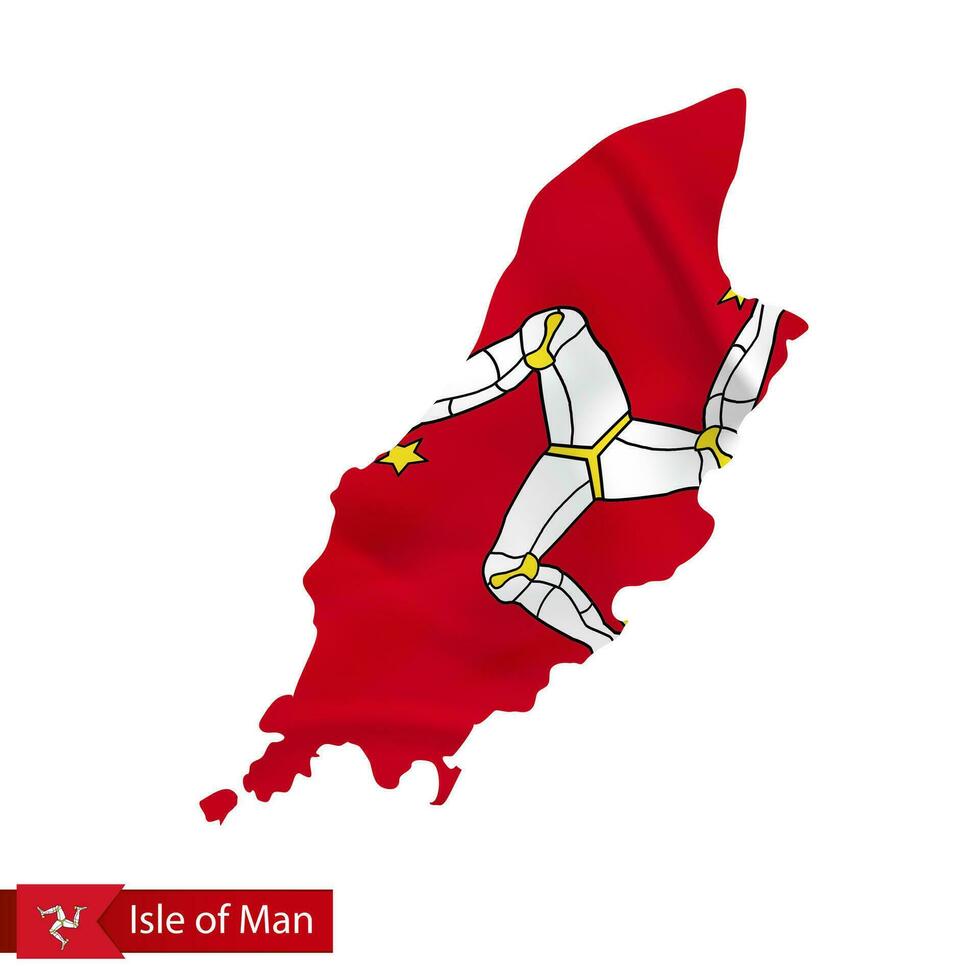 eiland van Mens kaart met golvend vlag van land. vector