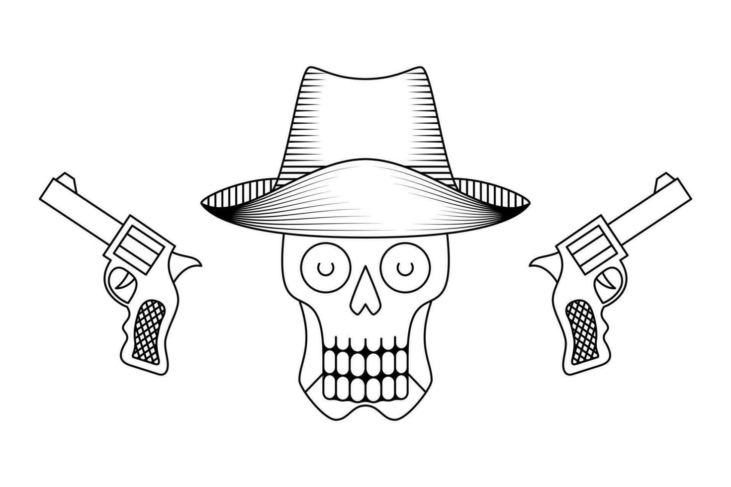 illustratie van een cowboy schedel vervelend een hoed met pistolen. lijn, silhouet, schetsen en gemakkelijk stijl. gebruikt voor kleding, afdrukken, logo, icoon, symbool, teken. bewerkbare beroerte vector