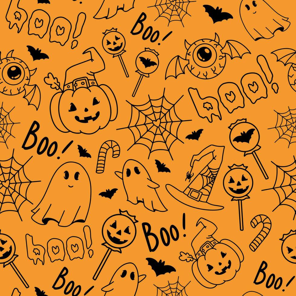 halloween oranje naadloos patroon met pompoenen, vleermuizen, spinnen, geesten, snoepjes, spin web en toespraak bubbel boe. vector achtergrond structuur voor het drukken Aan kleding stof en papier.eng evenement decoratie