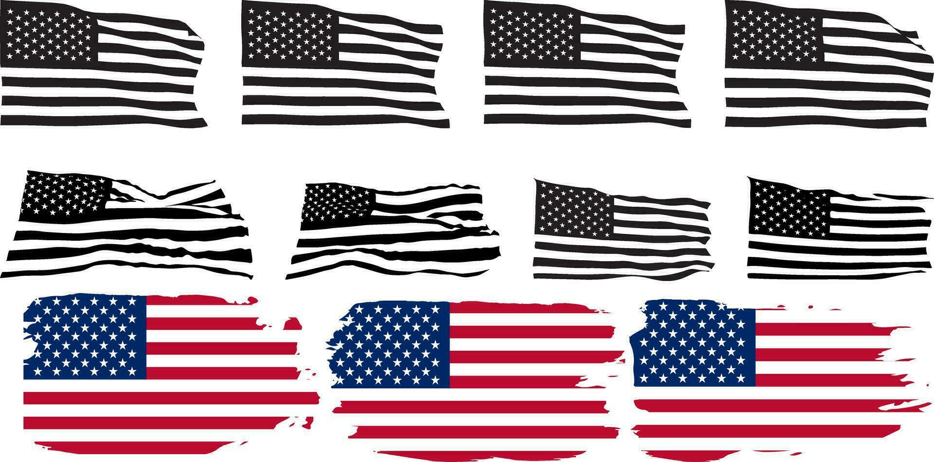 reeks van Amerikaans vlag, vlag Verenigde Staten van Amerika reeks geïsoleerd icoon, Verenigde Staten van Amerika vlag silhouet, Amerikaans nationaal symbool van Verenigde staten met sterren strepen illustratie vector