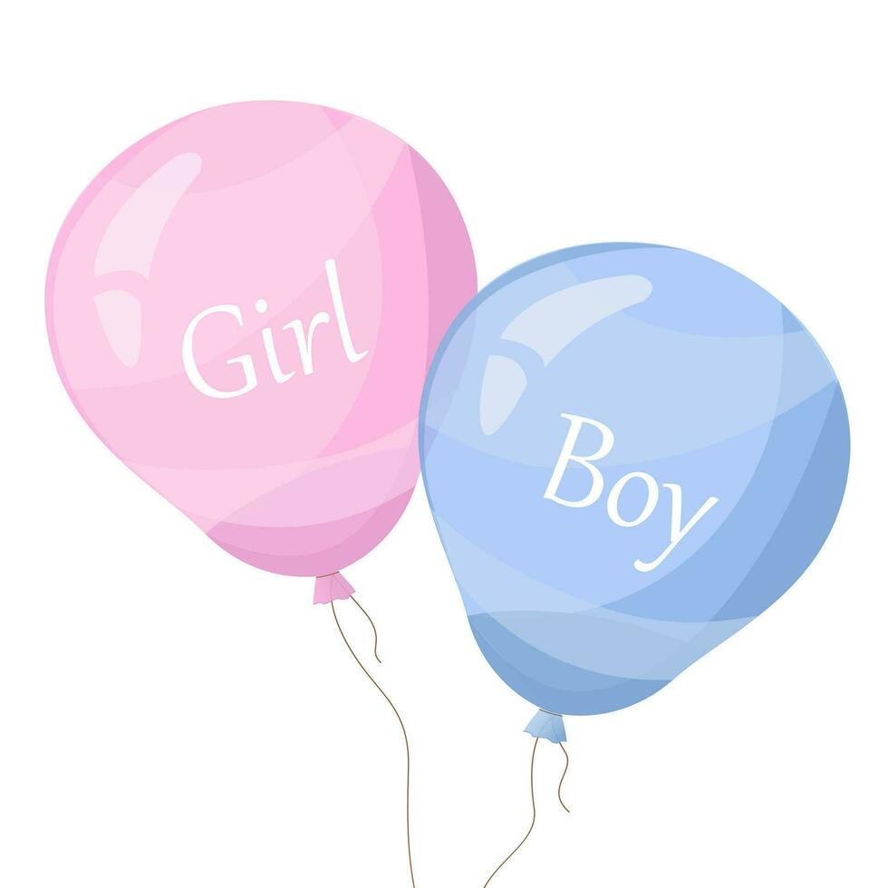 roze en blauw vliegend ballon, lint, verjaardag vieren, verrassing. baby douche zijn een meisje zijn een jongen groet kaart. helium ballon geschenk. tekenfilm stijl. vector illustratie
