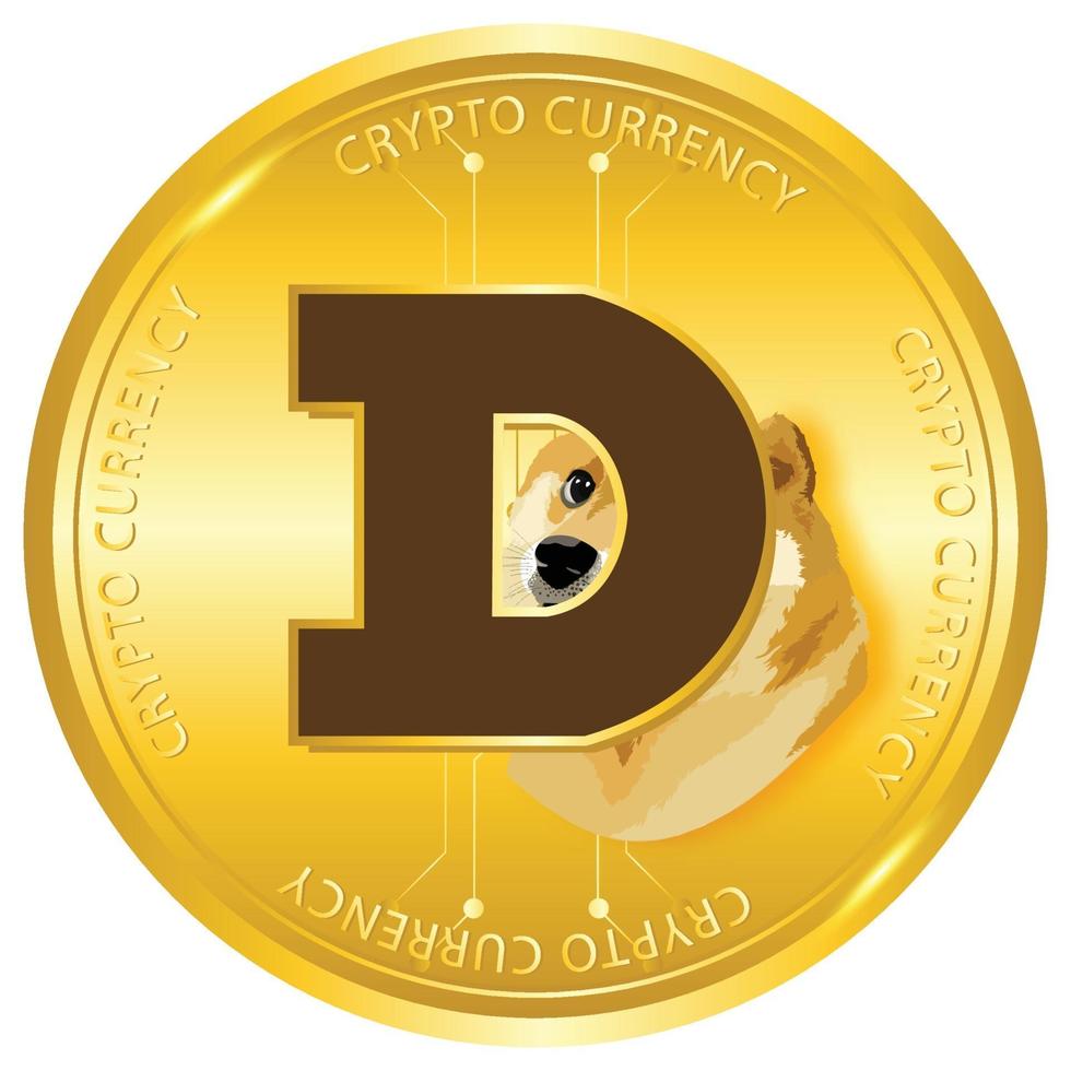 doge munt logo met d letter en mascotte, dogecoin naar het maan symbool vector