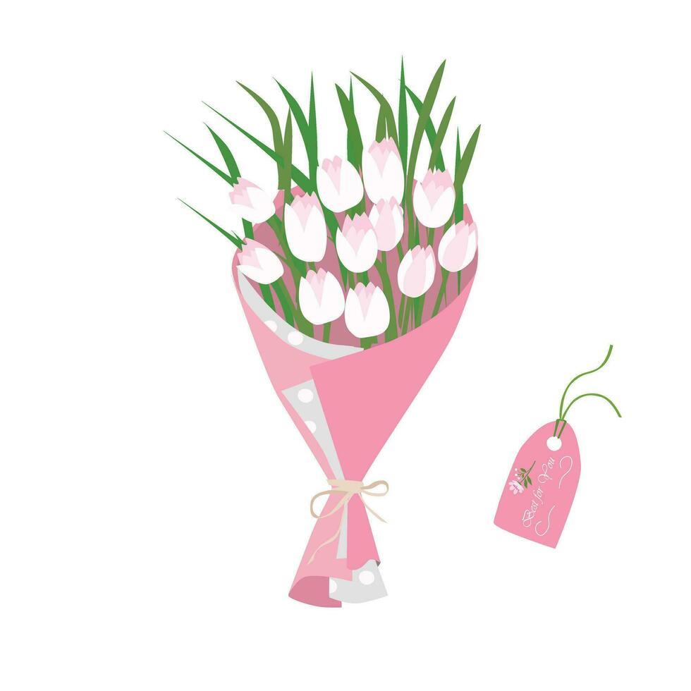 boeket van tulp bloemen. tulp bloem boeket vector illustratie. voorjaar bloem. bloemen boeket verpakt in geschenk papier. geschenk voor speciaal dag, viering dag Leuk vinden verjaardag, leraar dag, Dames dag.