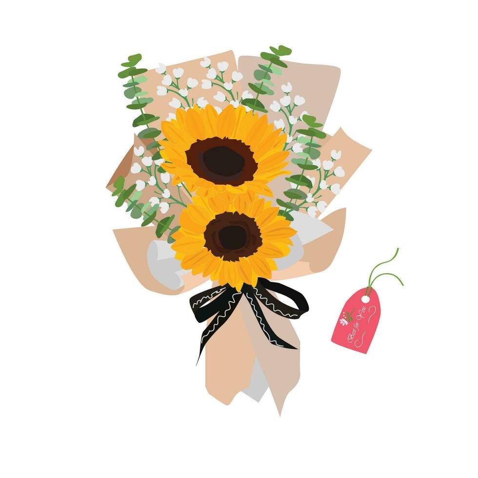 boeket van zonnebloem. zonnebloem boeket vector illustratie. zomer bloem. bloemen boeket verpakt in geschenk papier. geschenk voor speciaal dag, viering dag Leuk vinden verjaardag, leraar dag, Dames dag.