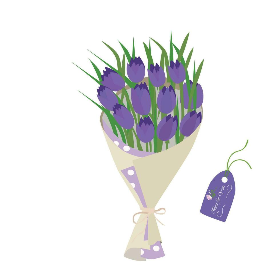 boeket van tulp bloemen. tulp bloem boeket vector illustratie. voorjaar bloem. bloemen boeket verpakt in geschenk papier. geschenk voor speciaal dag, viering dag Leuk vinden verjaardag, leraar dag, Dames dag.