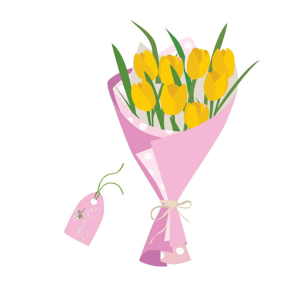 boeket van tulp bloemen. tulp bloem boeket vector illustratie. voorjaar bloem. bloemen boeket verpakt in geschenk papier. geschenk voor speciaal dag, viering dag Leuk vinden verjaardag, leraar dag, Dames dag.