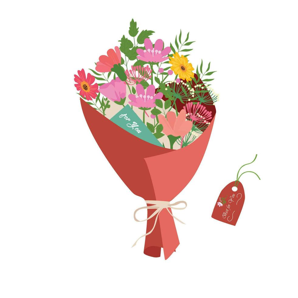 boeket van bloem. wild bloem boeket vector illustratie. zomer bloem. bloemen boeket verpakt in geschenk papier. geschenk voor speciaal dag, viering dag Leuk vinden verjaardag, leraar dag, Dames dag.