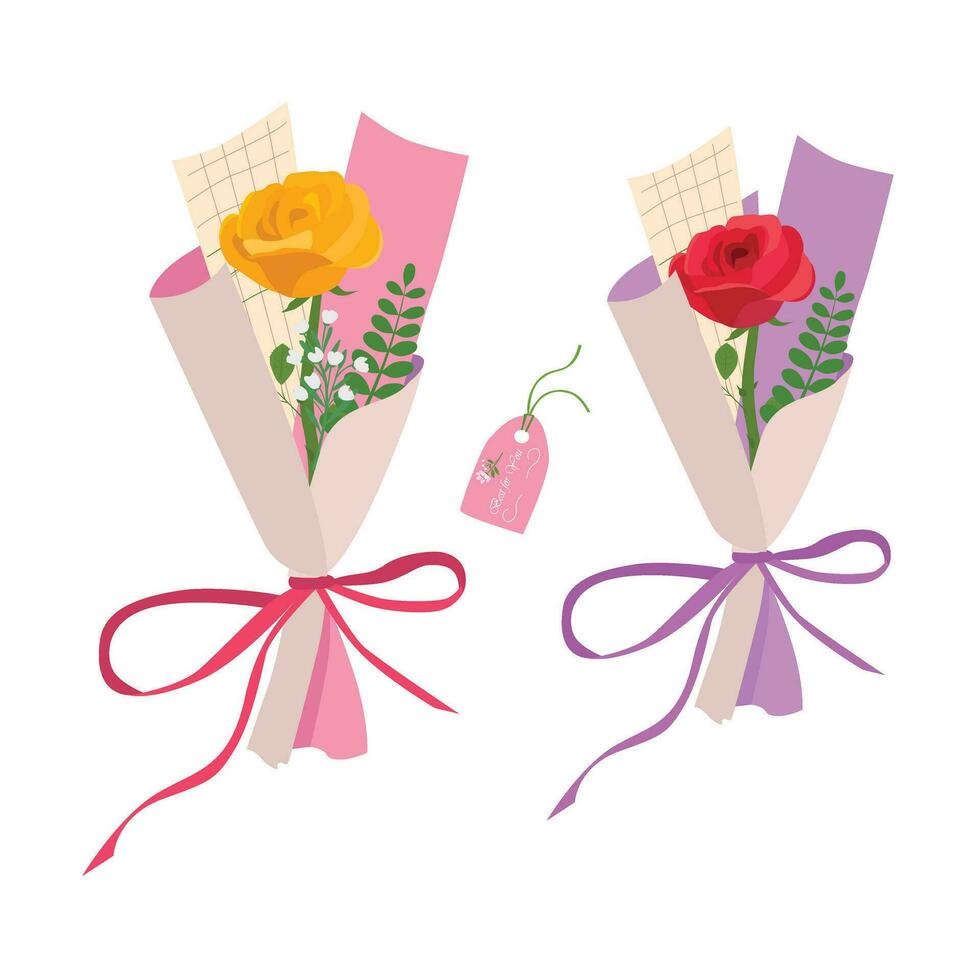 boeket van roos. roos boeket vector illustratie. liefde bloem. bloemen boeket verpakt in geschenk papier. geschenk voor speciaal dag, Leuk vinden verjaardag, Valentijn dag, vrouwen dag, Moederdag