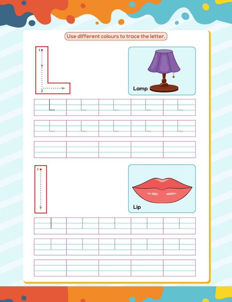 l alfabet traceren praktijk werkblad. leerzaam kleur boek bladzijde met schets vector illustratie voor peuter-