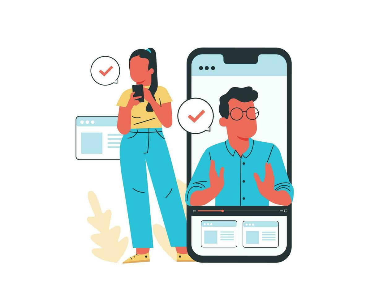 Mens en vrouw gebruik makend van mobiel telefoon voor communicatie. vector illustratie in vlak tekenfilm stijl Aan wit achtergrond.