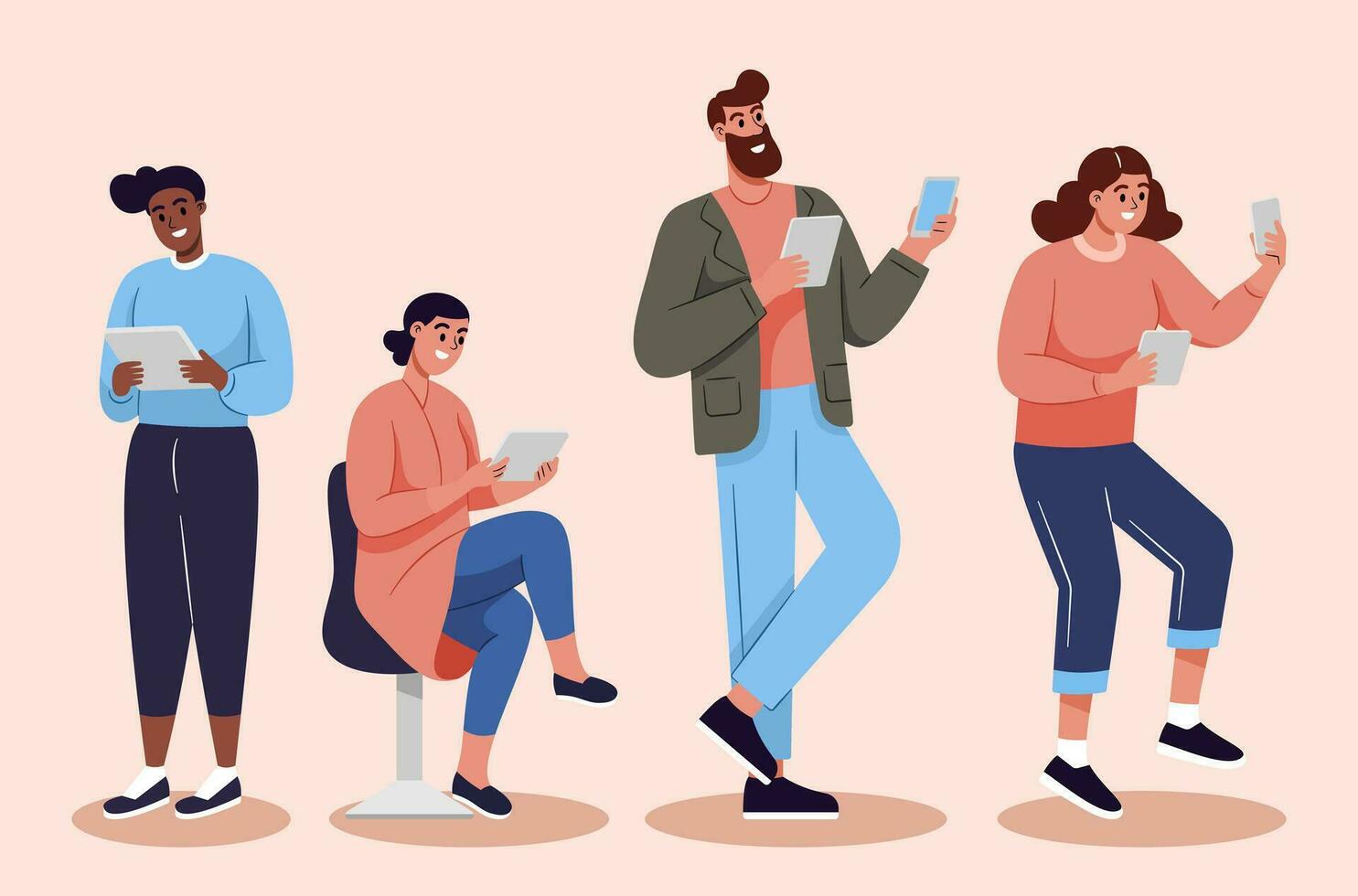 mensen gebruik smartphones, tablet. communicatie Aan de internetten, chatten, sociaal netwerken. vlak tekenfilm vector illustratie.