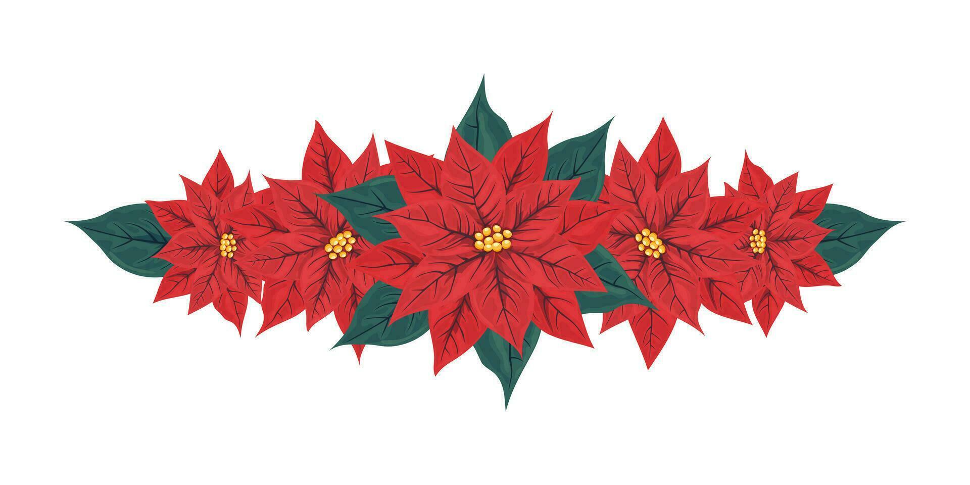 horizontaal decoratie van rood kerstster bloemen. traditioneel decor voor een muur of deur voor kerstmis, nieuw jaar. geïsoleerd bloem kader, grens, verdeler. tekenfilm vlak stijl. vector illustratie.