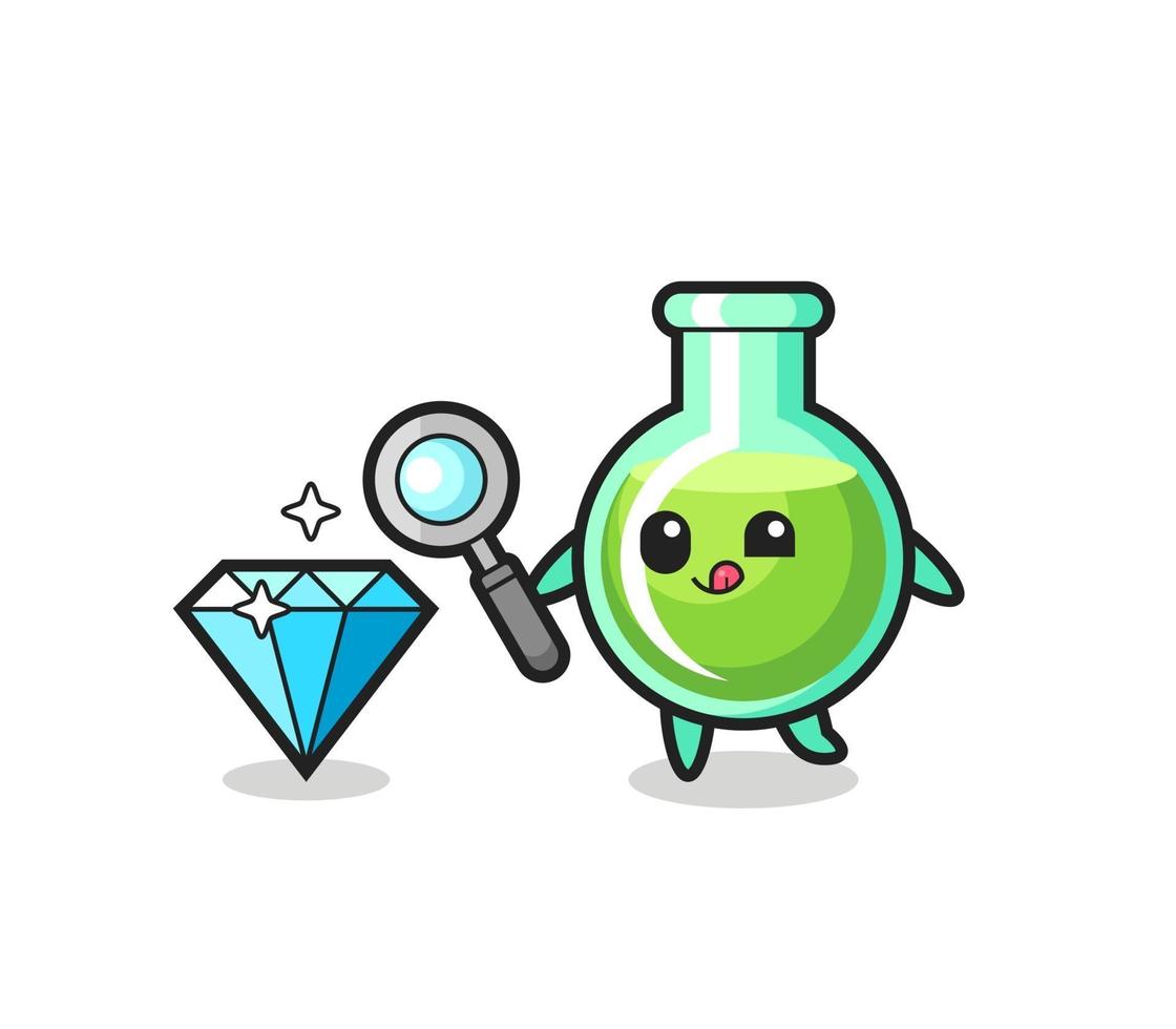 mascotte van laboratoriumbekers controleert de echtheid van een diamant vector