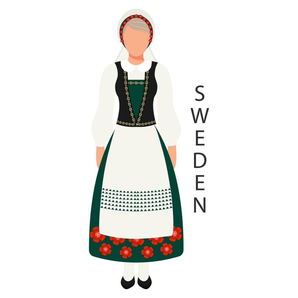 vrouw in Zweeds nationaal traditioneel kostuum. cultuur en retro tradities van Zweden. illustratie, sjabloon, vector