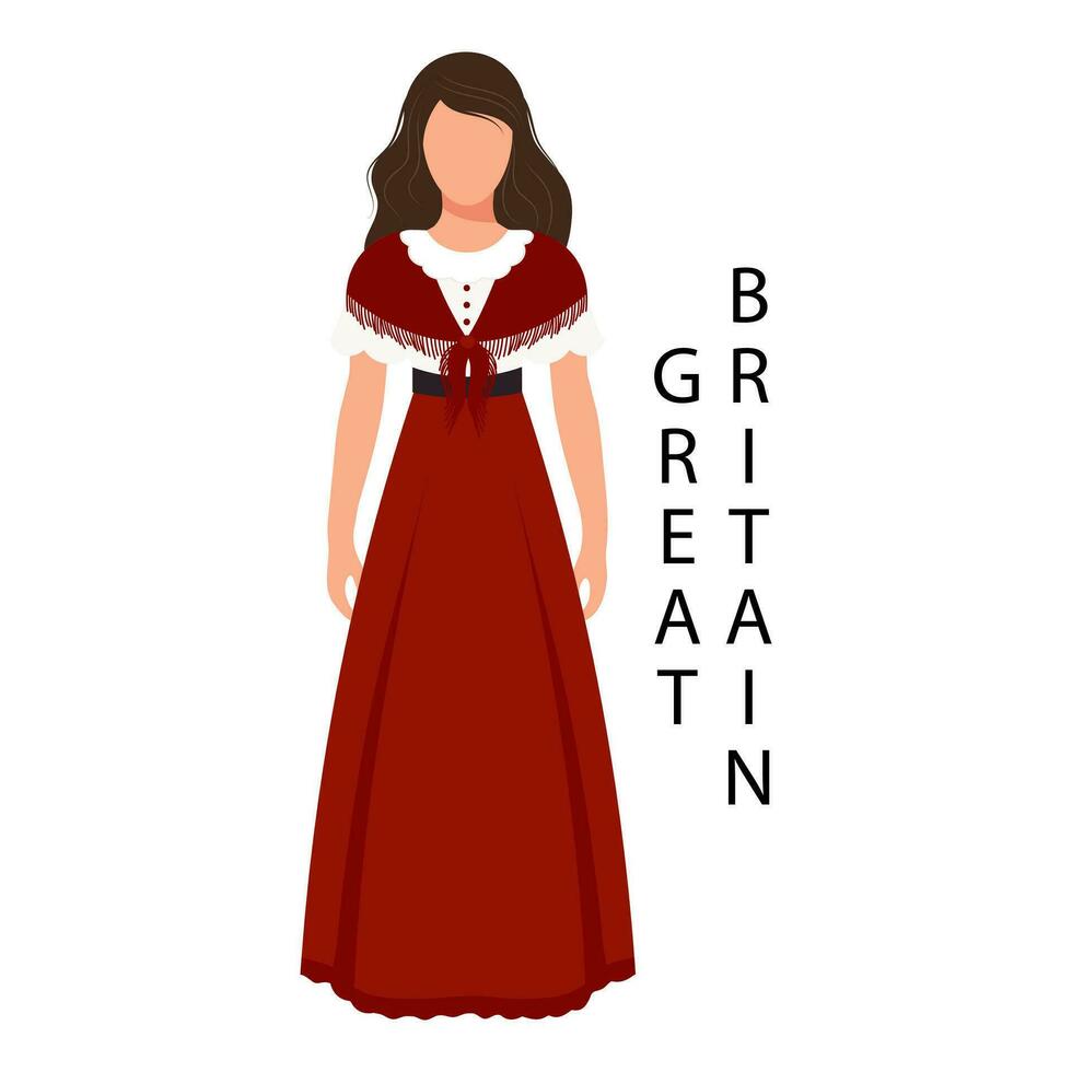vrouw in Brits retro volk kostuum. cultuur en tradities van Super goed Brittannië. illustratie, vector
