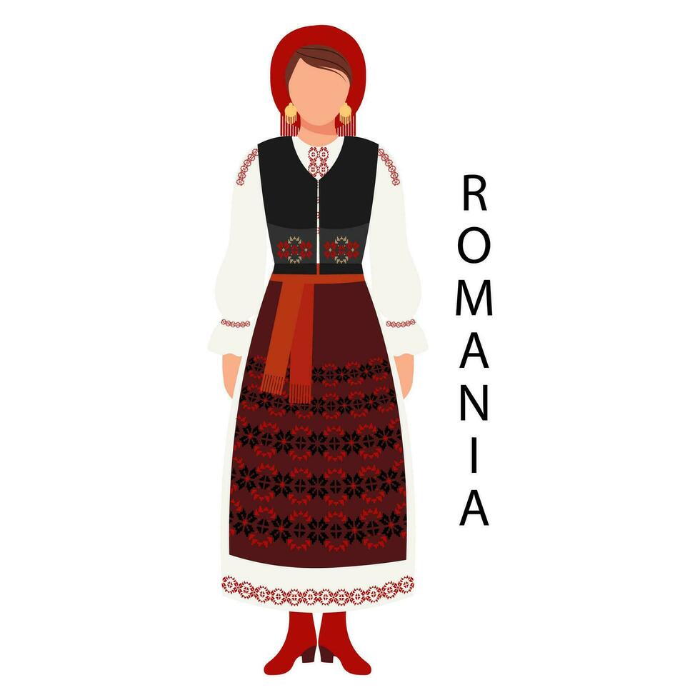 vrouw in Roemeense volk kostuum en hoofdtooi. cultuur en tradities van Roemenië. illustratie, vector