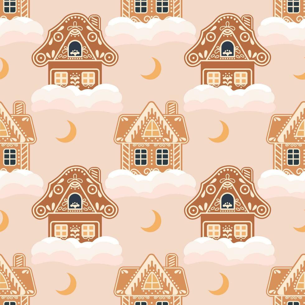 Kerstmis naadloos patroon van peperkoek huizen met sneeuw en maan. feestelijk achtergrond in vlak tekenfilm stijl. vector