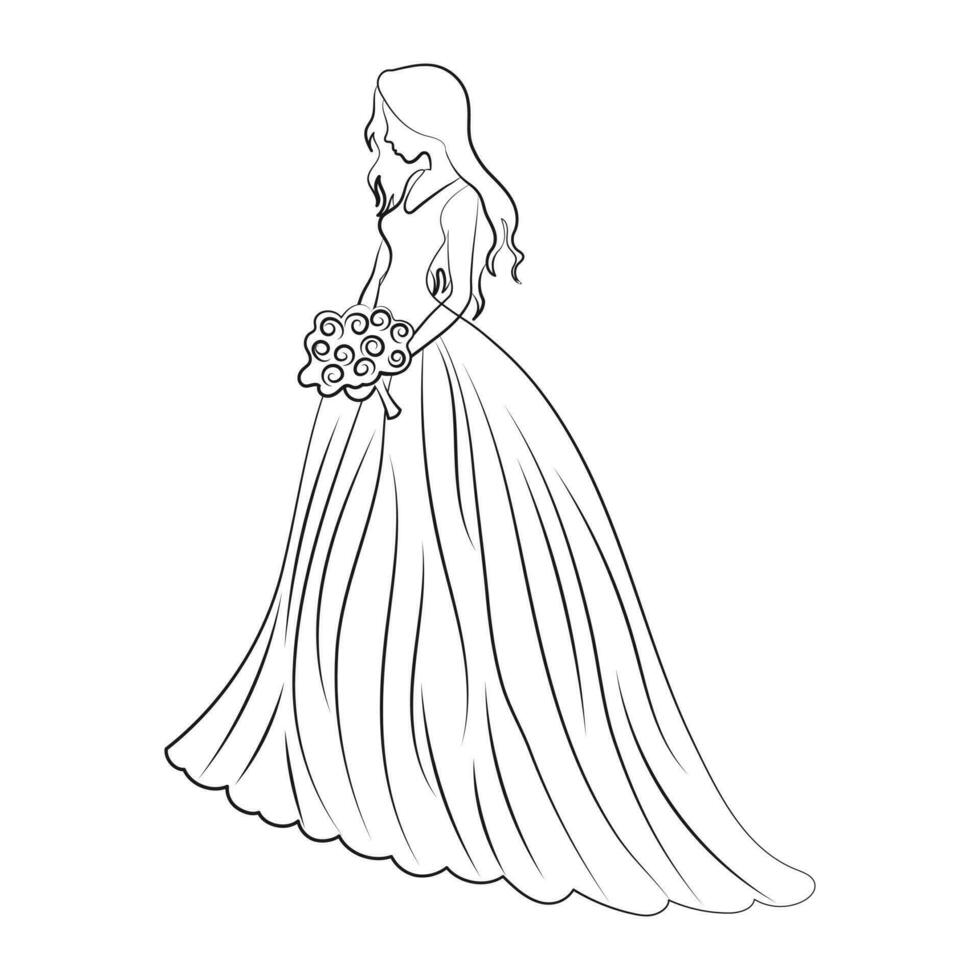 bruid in een bruiloft jurk met een boeket van bloemen Aan een wit achtergrond. lijn kunst, schetsen, contour tekening, vector