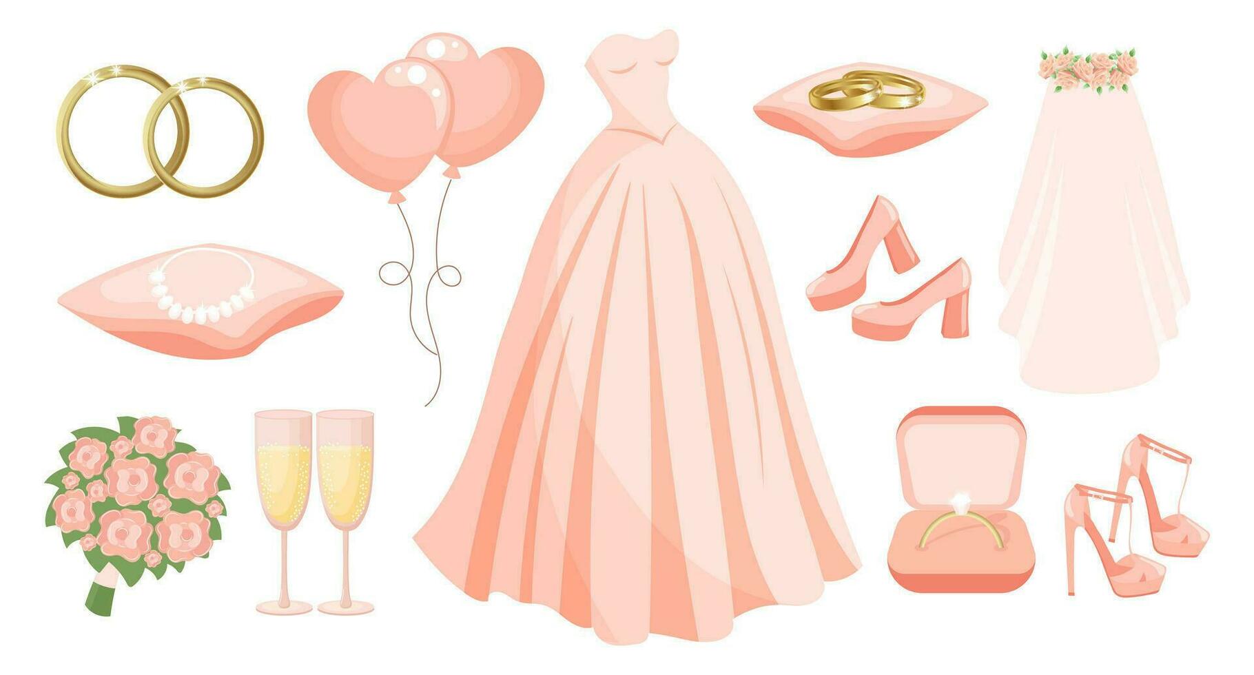 bruiloft reeks van kleren en accessoires voor de bruid, bruiloft jurk, ringen, ketting, schoenen, sluier, Champagne bril, boeket, ballonnen. ontwerp elementen, vector