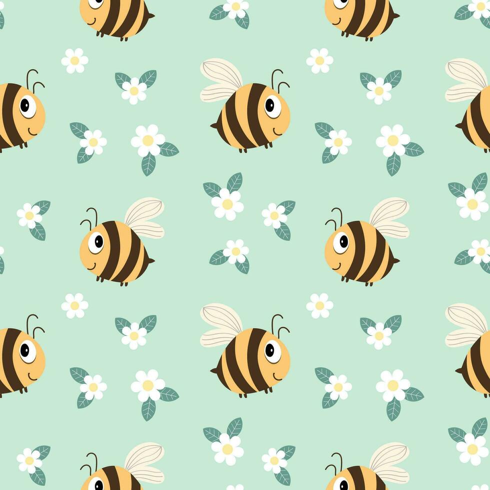 naadloos patroon, schattig tekenfilm bijen, bloemen en bladeren Aan een delicaat achtergrond. tekenfilm baby afdrukken, textiel, kinderen slaapkamer decor. vector