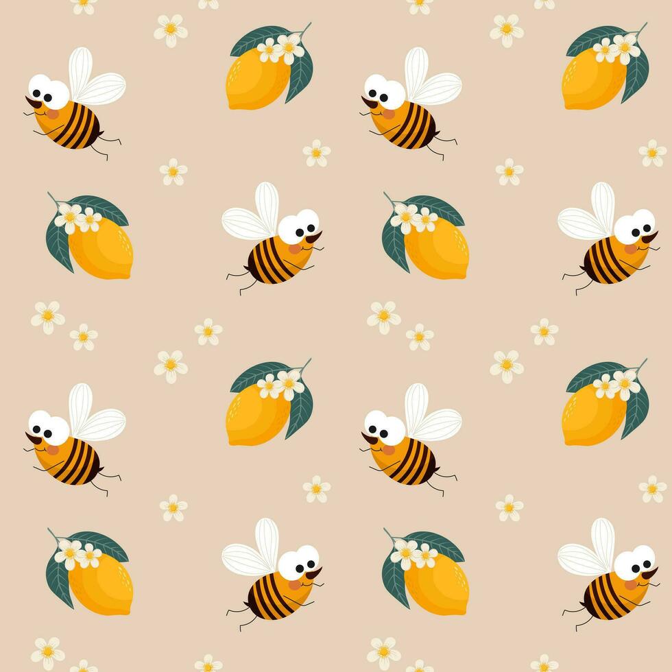 naadloos patroon, schattig tekenfilm bijen, citroenen en bloemen Aan een delicaat achtergrond. tekenfilm baby afdrukken, textiel, behang, kinderen slaapkamer decor. vector