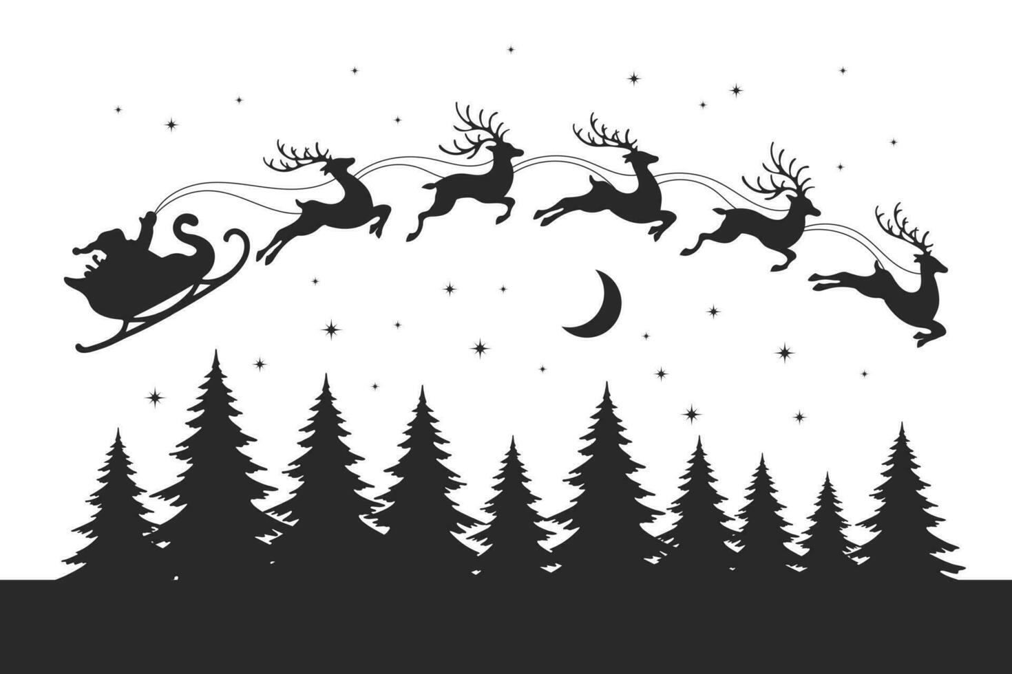 de kerstman Aan een slee met rendieren in de lucht met de maan, winter landschap, silhouet Aan een wit achtergrond. Kerstmis illustratie, vector