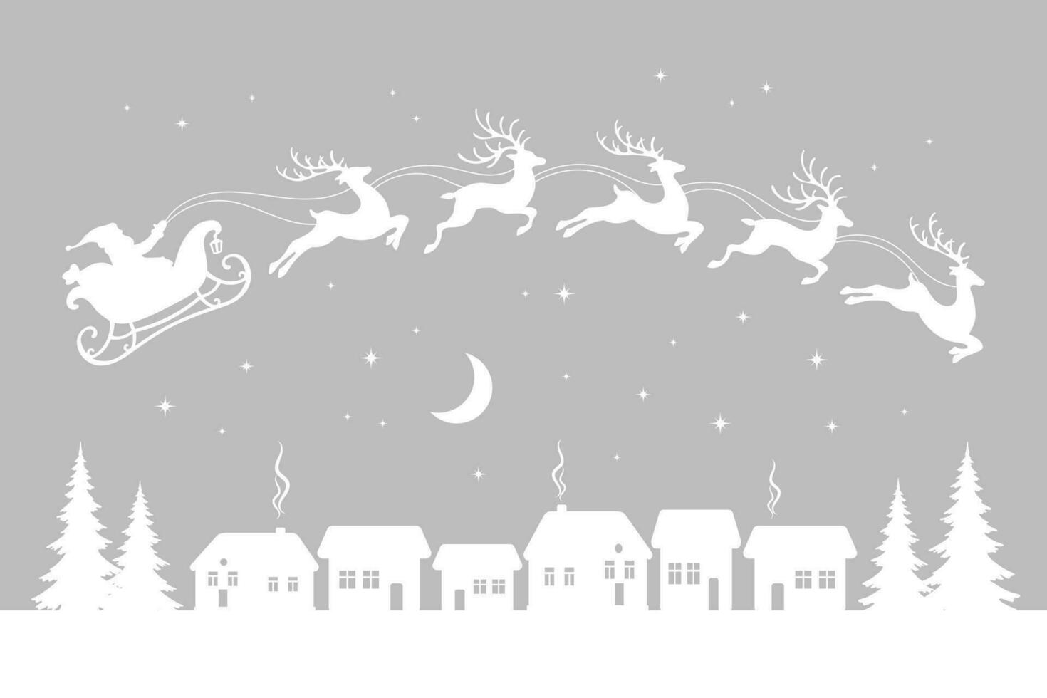 de kerstman Aan een slee met rendieren in de lucht met de maan, winter landschap, silhouet Aan een wit achtergrond. Kerstmis illustratie, vector